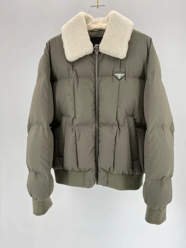PRADA autumn winter lamb fur collar stitching long sleeve cotton-padded jacket coat