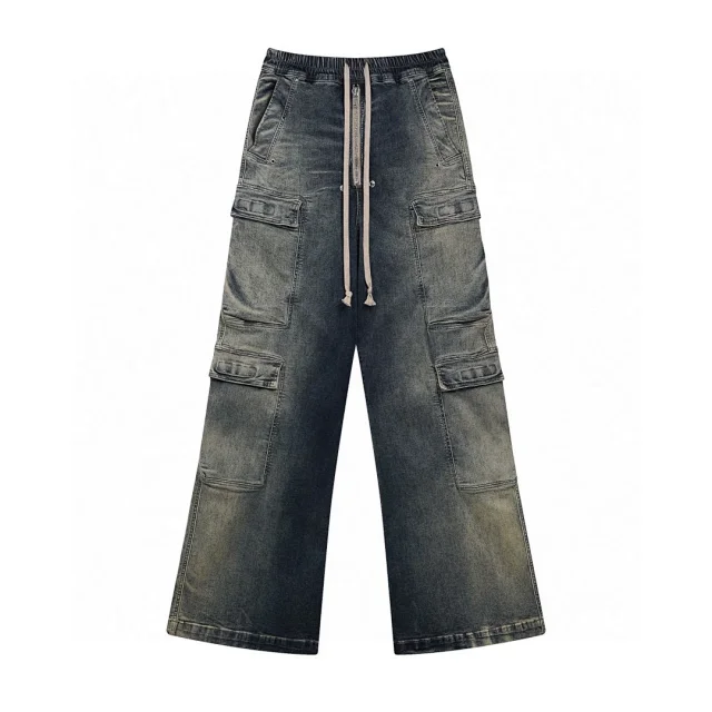 Rick Owens FEWQ Men's Wide Leg Flared Jeans, Trendy Workwear Cargo Trousers - Vintage Style with Multiple Pockets